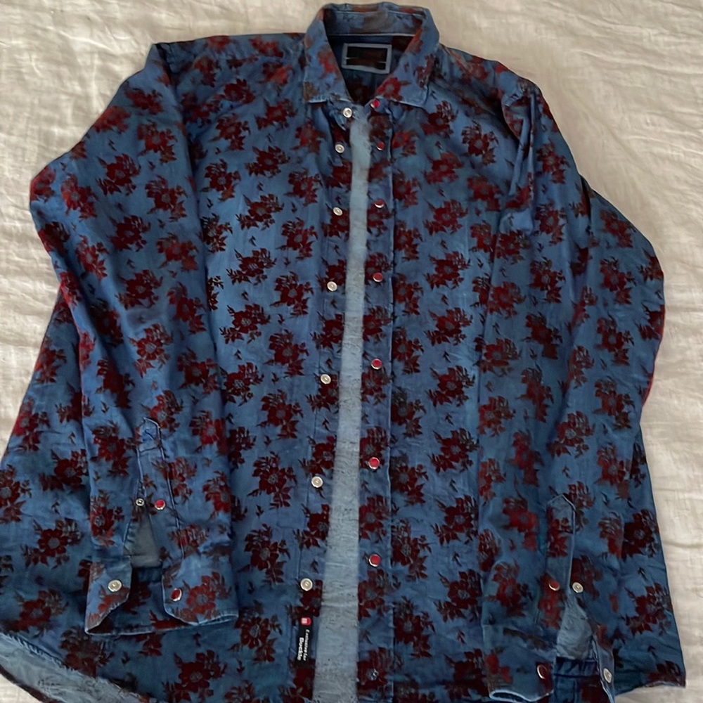 Mens Buckle Denim & Velvet Designed Floral Button-Up Shirt Classic Fit - Size XL
